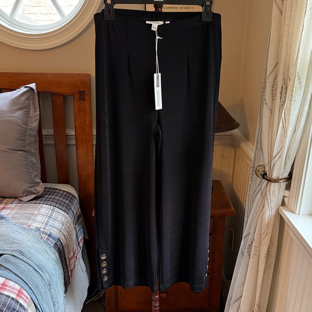 Chicos Travelers Black Wide-Leg Pants with Button Detail